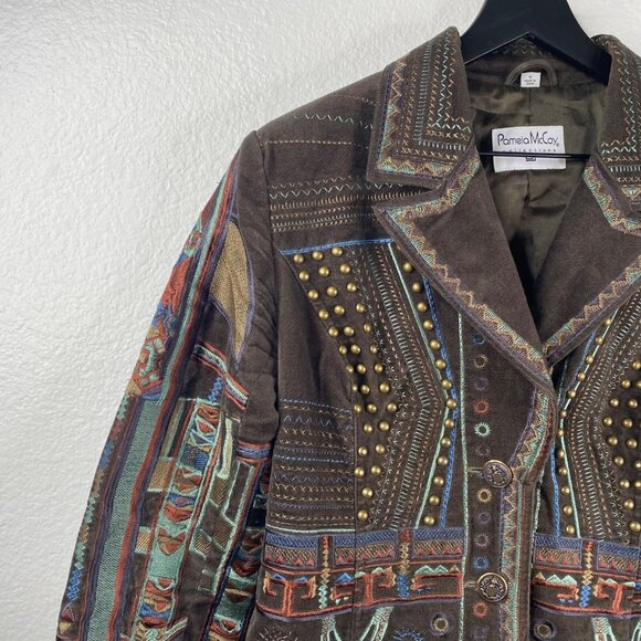 Pamela McCoy Coat Women's Brown Sz M Embroidered Studded Boho Ecletic Mid Length - Picture 5 of 16